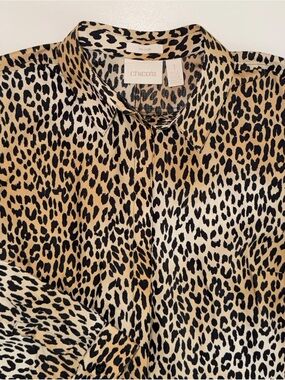 Chico's Safari Animal Print Top NO IRON Button Tunic 3/4 Sleeve Sz 1 M 8 10